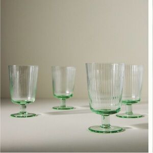 Anthropologie Green Ribbed Stemmed Drinking Glass - Set of 4
